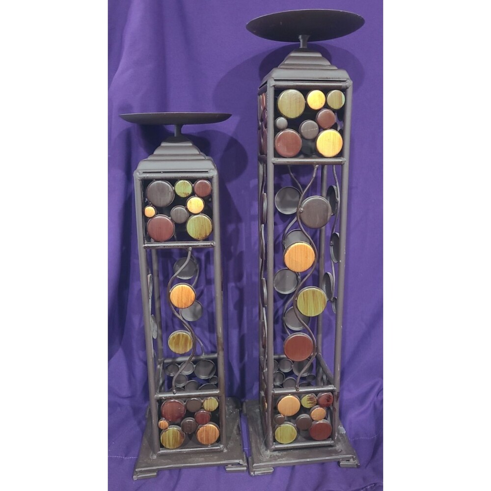 Unique Pair Of Mcm Metal Pillar Candle Holders 22" & 18" Tall